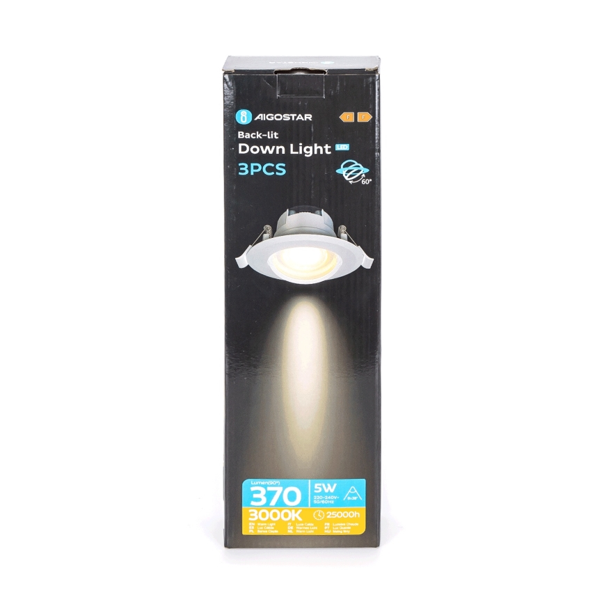 Aigostar - Комплект 3x LED вградени осветителни тела LED/5W/230V 3000K с диаметър 8,5 см бяло
