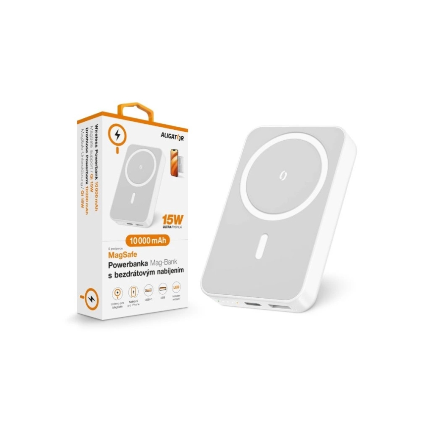 Aligator AMS04WT - преносима батерия с безжично зареждане Qi и MagSafe, 10000 mAh, 15W Power Delivery, черна