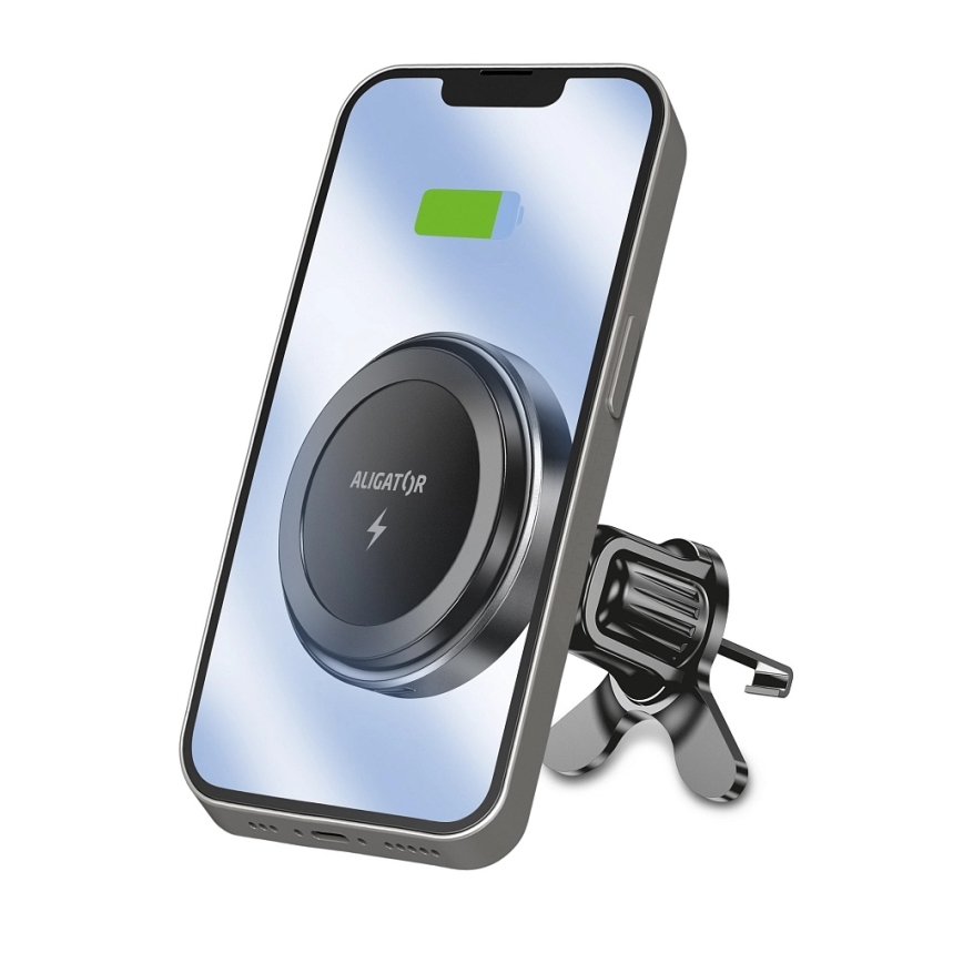 Aligator AMS05BK - Магнитен държач за телефон за автомобил с безжично зареждане Qi 15W и съвместим с MagSafe, черен