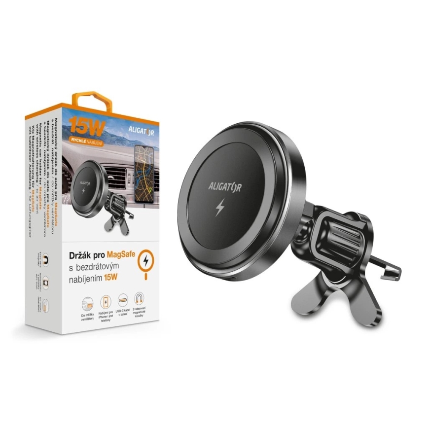 Aligator AMS05BK - Магнитен държач за телефон за автомобил с безжично зареждане Qi 15W и съвместим с MagSafe, черен