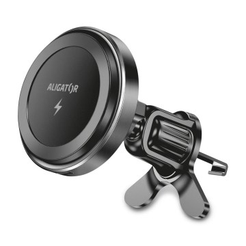 Aligator AMS05BK - Магнитен държач за телефон за автомобил с безжично зареждане Qi 15W и съвместим с MagSafe, черен