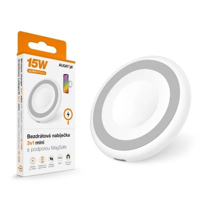 Aligator AMS08WT - Безжично зарядно устройство MagSafe 3-в-1 15W бяло