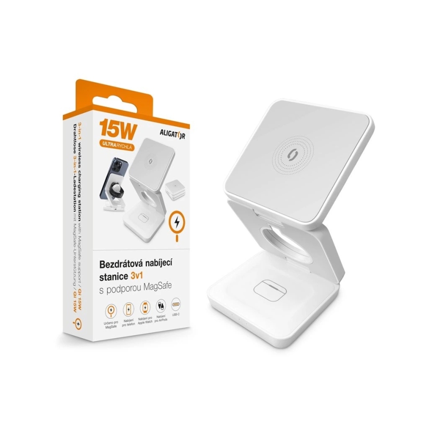 Aligator AMS09WT - Безжична зарядна станция MagSafe 3 в 1 15W бяла