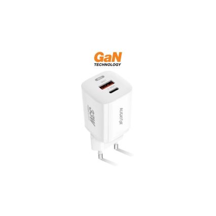 Aligator CHPD0020 - Бързозаряден GaN адаптер с Power Delivery (PD) 33W, USB-A + USB-C, бял
