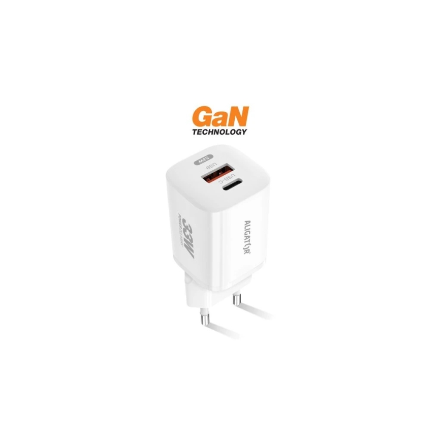 Aligator CHPD0020 - Бързозаряден GaN адаптер с Power Delivery (PD) 33W, USB-A + USB-C, бял
