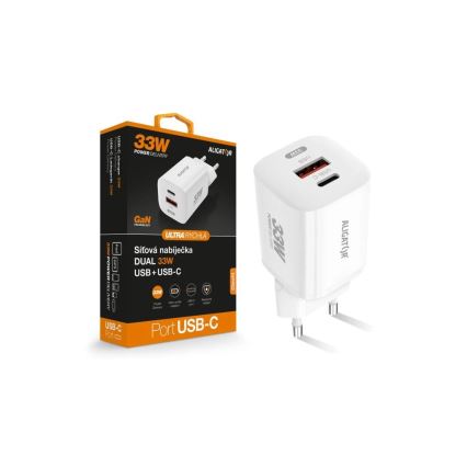 Aligator CHPD0020 - Бързозаряден GaN адаптер с Power Delivery (PD) 33W, USB-A + USB-C, бял