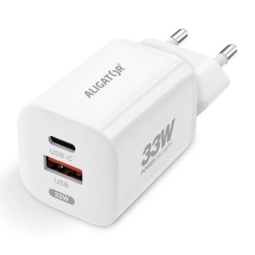 Aligator CHPD0020 - Бързозаряден GaN адаптер с Power Delivery (PD) 33W, USB-A + USB-C, бял