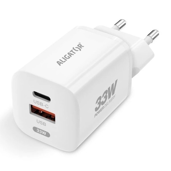 Aligator CHPD0020 - Бързозаряден GaN адаптер с Power Delivery (PD) 33W, USB-A + USB-C, бял