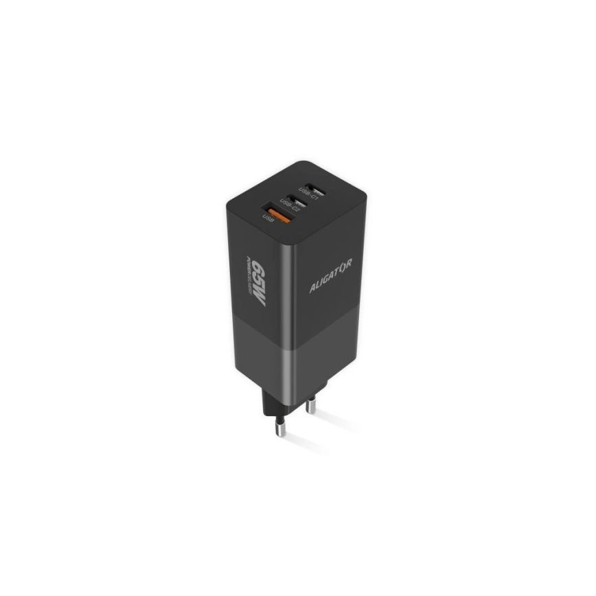 Aligator CHPD0027 - Бързозаряден GaN адаптер с Power Delivery 65W, 2x USB-C + USB-A, черен