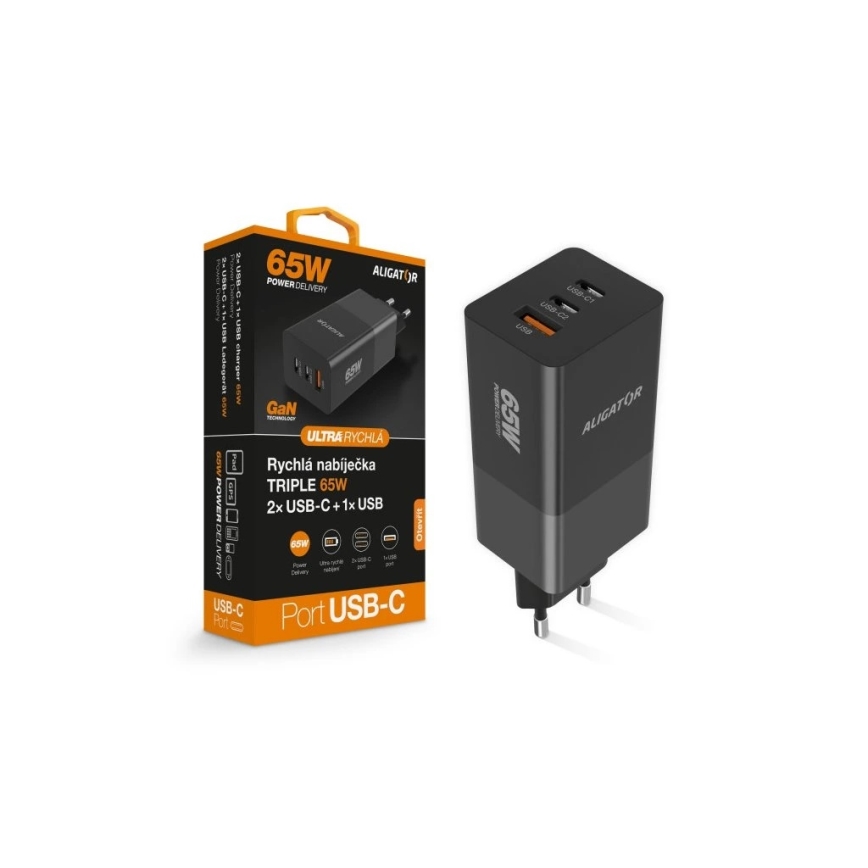 Aligator CHPD0027 - Бързозаряден GaN адаптер с Power Delivery 65W, 2x USB-C + USB-A, черен