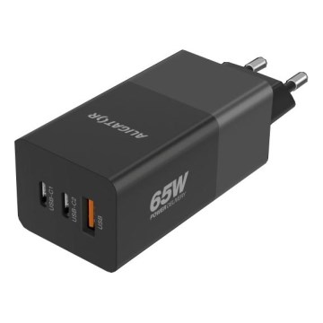 Aligator CHPD0027 - Бързозаряден GaN адаптер с Power Delivery 65W, 2x USB-C + USB-A, черен