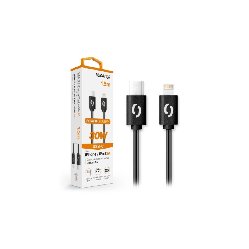 Aligator DATKP50 - USB кабел USB-C/Lightning с 30W Power Delivery, 1,5 m, черен