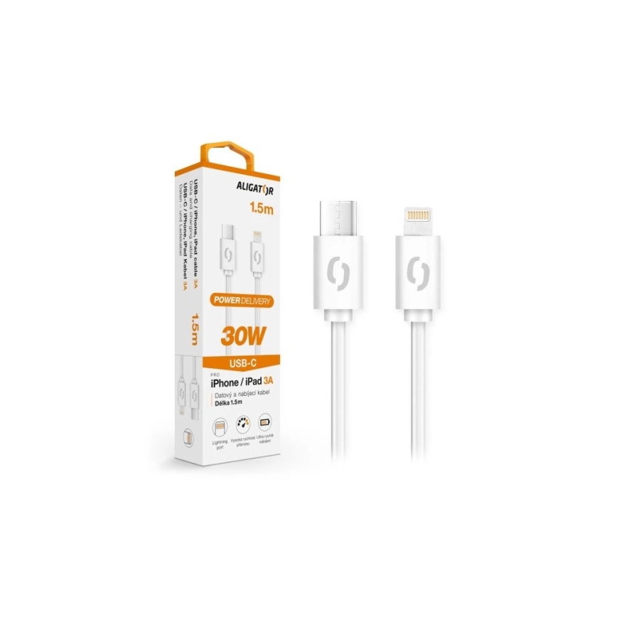 Aligator DATKP51 - USB кабел USB-C / Lightning 30W Power Delivery 1,5m бял