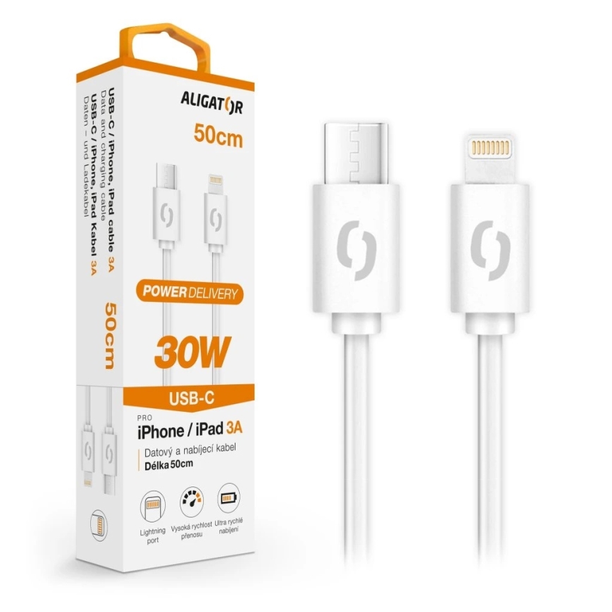 Aligator DATKP57 - USB кабел USB-C към Lightning, 30 W Power Delivery, 0,5 м, бял