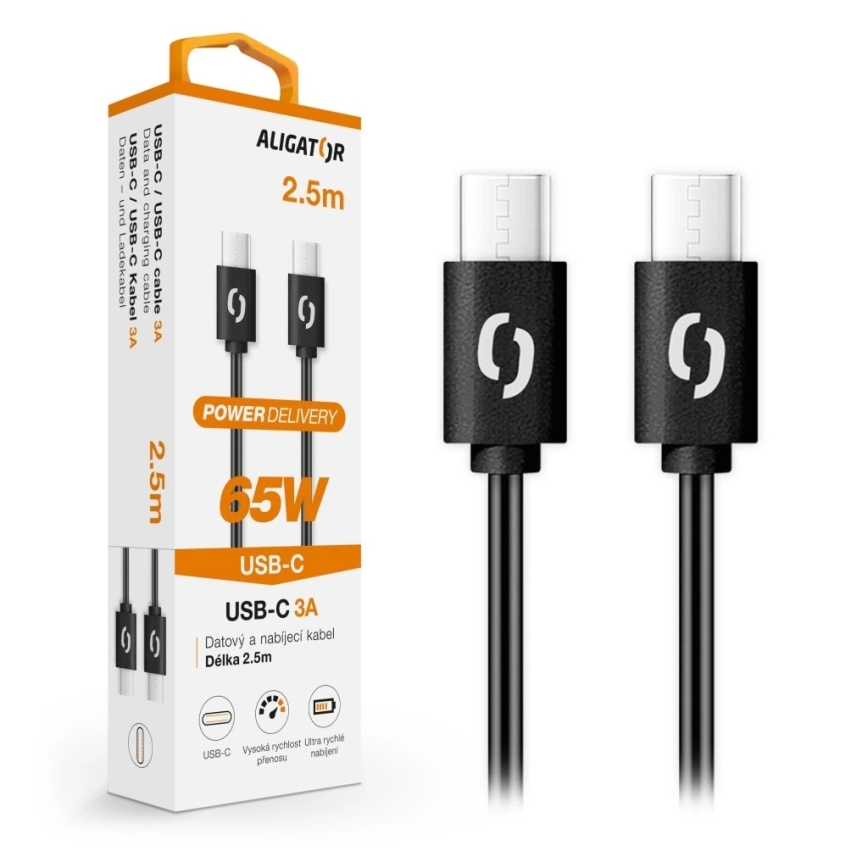Aligator DATKP58 - USB кабел USB-C към USB-C, 65 W Power Delivery, 2,5 m, черен