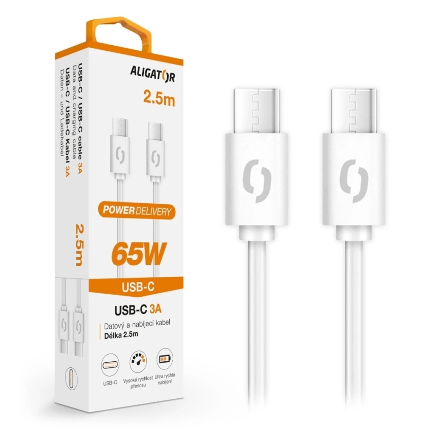 Aligator DATKP59 - USB кабел USB-C / USB-C 65W Power Delivery 2,5 m бял
