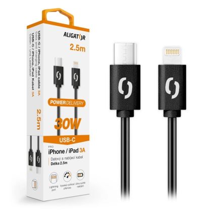 Aligator DATKP60 - USB кабел USB-C / Lightning, 30 W Power Delivery, 2,5 m, черен