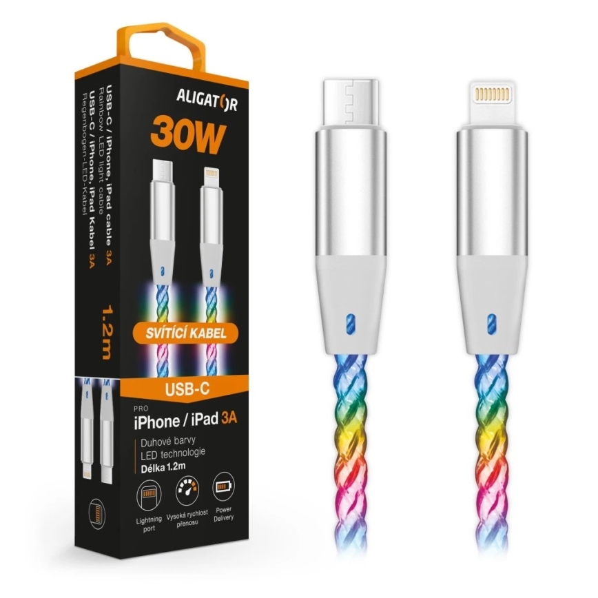 Aligator DATKP63 - USB кабел USB-C / Lightning с LED подсветка, 30 W Power Delivery, 1,2 m
