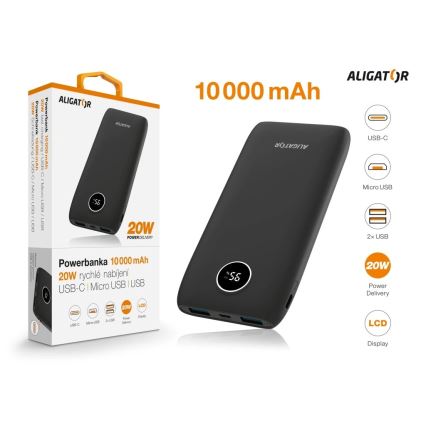 Aligator PBPD10BK - Външна батерия с LCD дисплей Power Delivery 10000 mAh/20W/3,7V черна