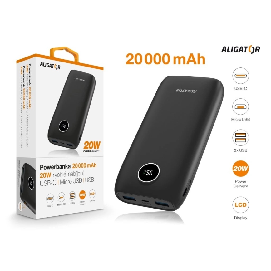 Aligator PBPD20BK - Външна батерия с LCD дисплей, Power Delivery, 20000 mAh/20W/3,7V, черна