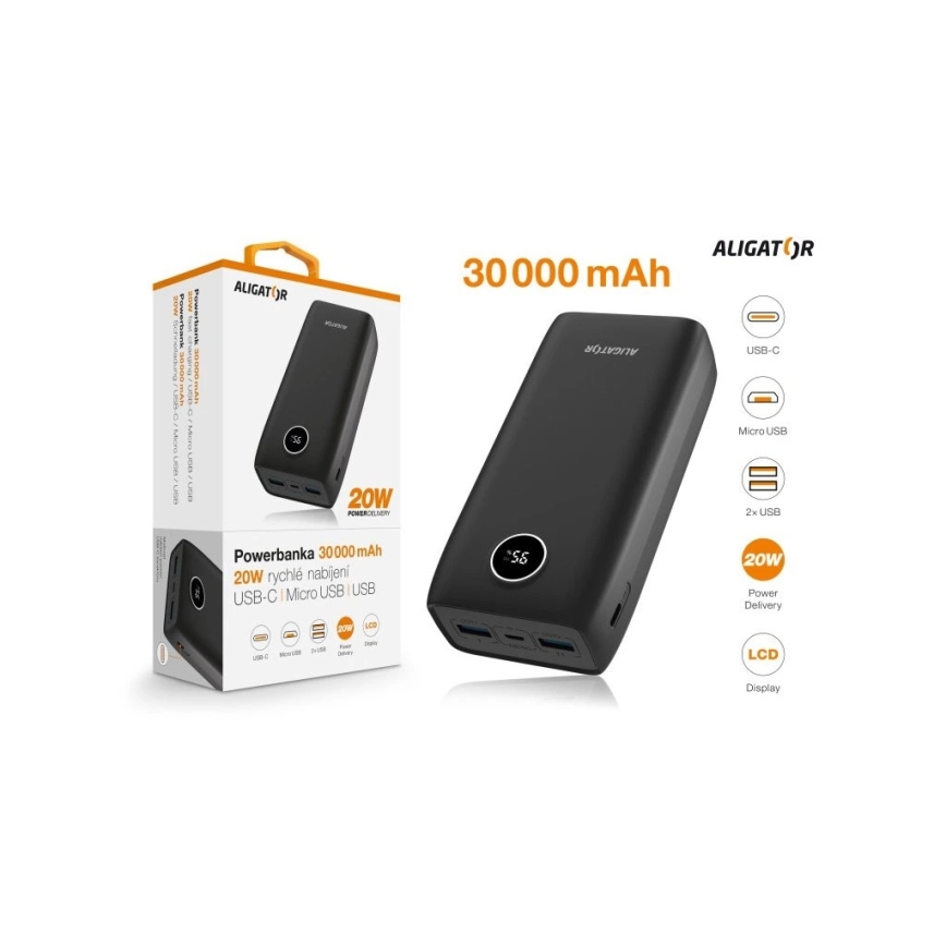 Aligator PBPD30BK - външна батерия с LCD дисплей, Power Delivery, 30000 mAh/20W/3,7V, черна