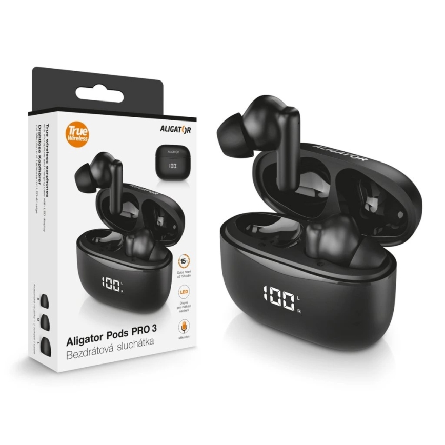 Aligator TWS06 - Безжични слушалки Pods PRO 3 200 mAh + 2x 30 mAh черни