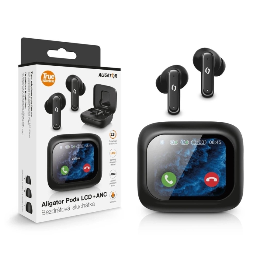 Aligator TWS07 - Безжични слушалки Pods с LCD дисплей и ANC, 400 mAh + 2x 40 mAh, черни