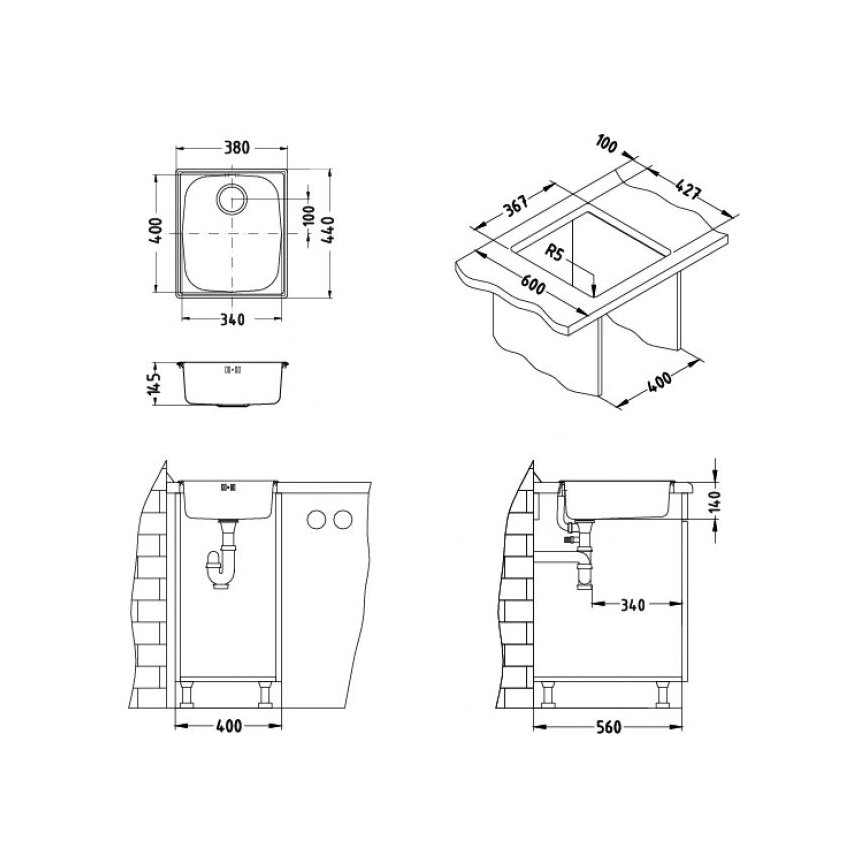 ALVEUS 1082195 - Кухненска мивка BASIC 44 x 38 см, неръждаема стомана с сатиниран финиш, голям отвор за отпадъци