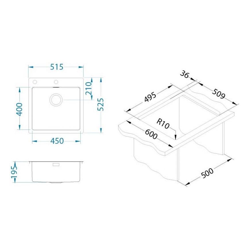 ALVEUS 1103609 - Кухненска мивка PURE 52,5x51,5 см сатен
