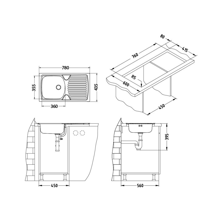 ALVEUS 1136534 - Кухненска мивка BASIC 78x43,5 cm неръждаема стомана, сатинирано покритие, малък отвор за отпадни води