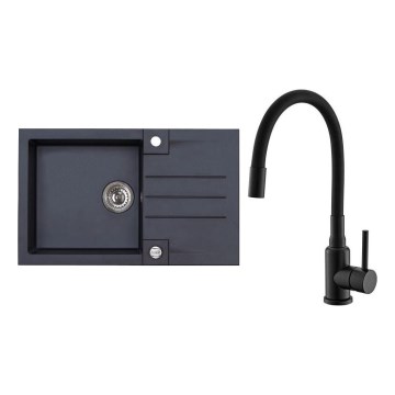 ALVEUS SETA23201 - Кухненска мивка ROCK 78x48 см + кухненски смесител с гъвкав чучур MINTAS 34 см гранит/матово черно