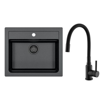 ALVEUS SETA23228 - Мивка за кухня ATROX 59x50 см + смесител за кухня с гъвкаво рамо MINTAS 34 см гранит/мат черен