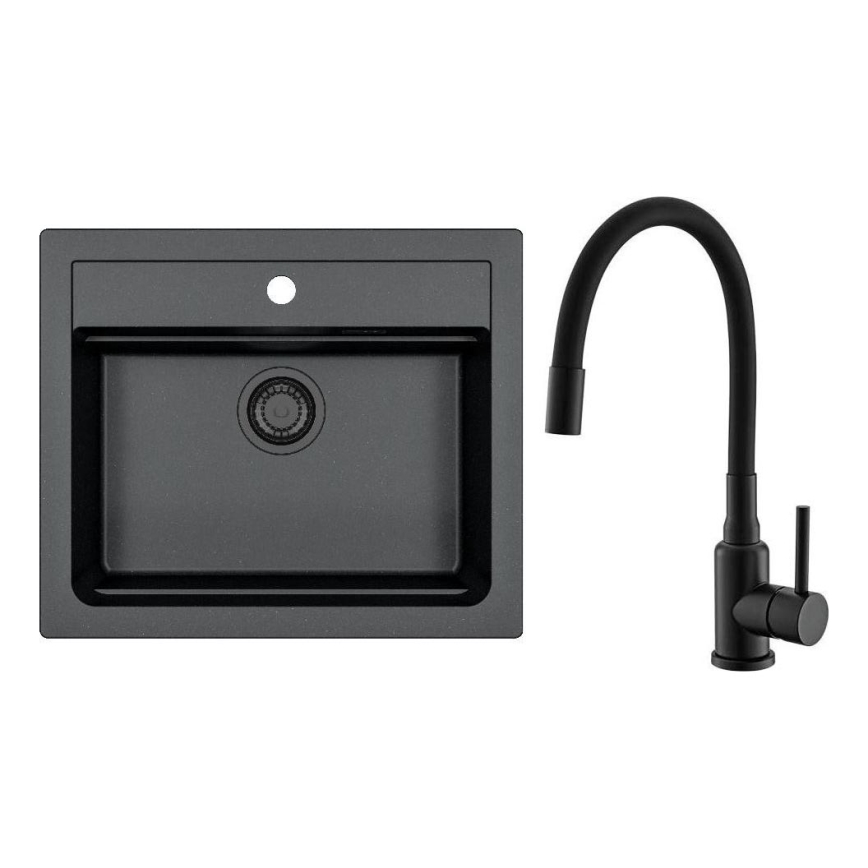 ALVEUS SETA23228 - Кухненска мивка ATROX 59x50 cm + смесител за мивка MINTAS 34 cm с гъвкаво подвижно рамо гранит/матово черно