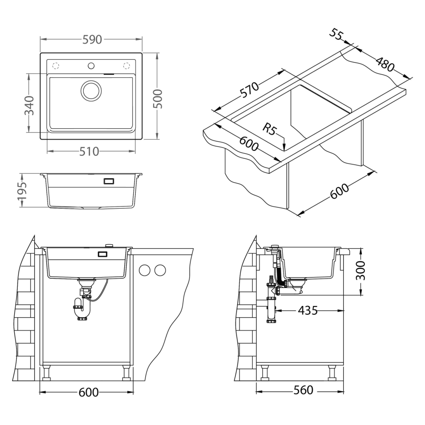ALVEUS SETA23228 - Кухненска мивка ATROX 59x50 cm + смесител за мивка MINTAS 34 cm с гъвкаво подвижно рамо гранит/матово черно