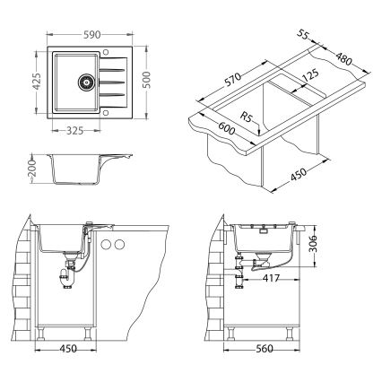 ALVEUS SETA23230 - Кухненска мивка CADIT 59x50 см + смесител за мивка с гъвкав излив MINTAS 34 см гранит/матово черно