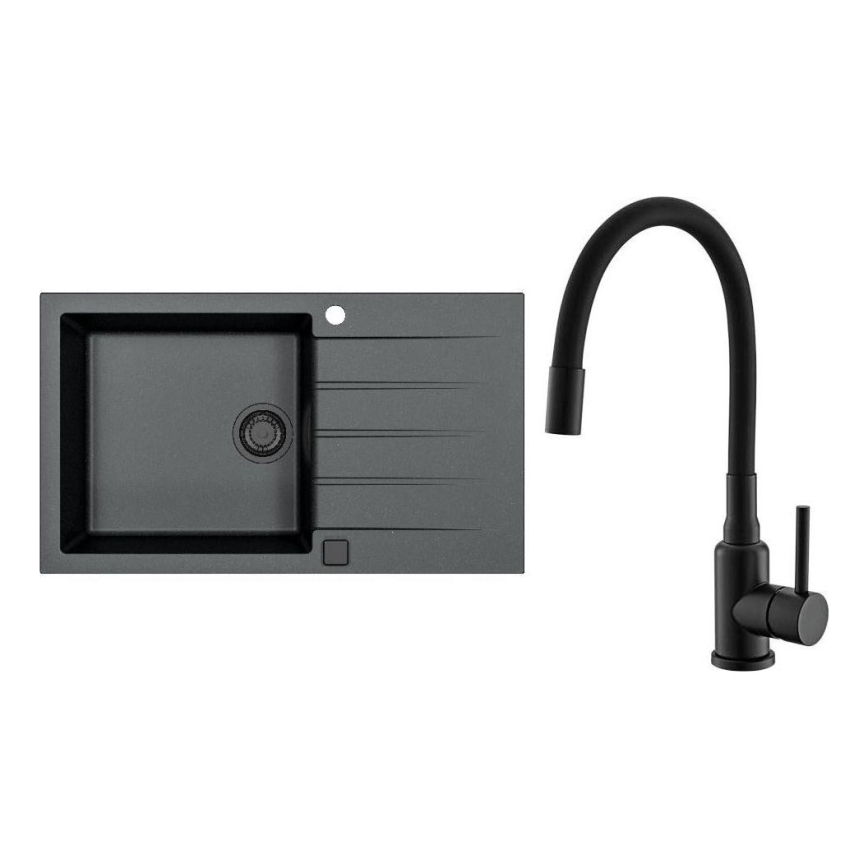 ALVEUS SETA23232 - Кухненска мивка CADIT 86x50 см + смесител за мивка с гъвкав чучур MINTAS 34 см гранит/матово черно