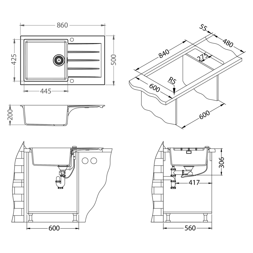 ALVEUS SETA23232 - Кухненска мивка CADIT 86x50 см + смесител за мивка с гъвкав чучур MINTAS 34 см гранит/матово черно