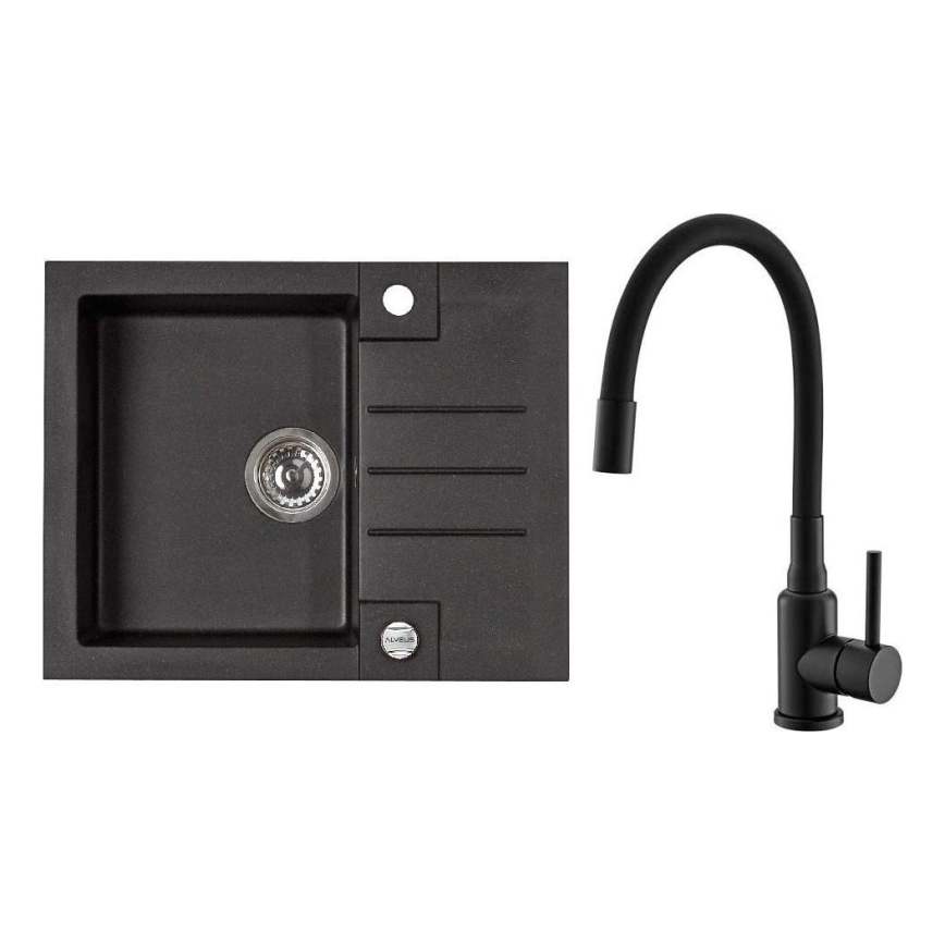 ALVEUS SETA23236 - Кухненска мивка ROCK 59,5x47,5 см + смесител с гъвкава струя MINTAS 34 см гранит/матов черен