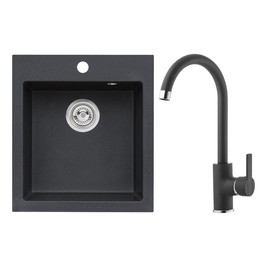 ALVEUS SETA737 - Кухненска мивка CORTINA 50x45 см + смесител за мивка TONIA с гъвкаво рамо 29,5 см, гранит/матово черно