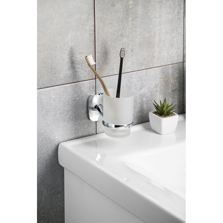 Aqualine - Стенна поставка за четки за зъби RUMBA млечен стъкло/лъскав хром