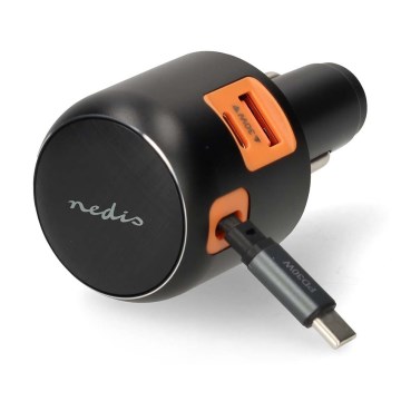Автомобилно зарядно устройство с прибиращ се кабел, Power Delivery 30W, 2xUSB-C + 1xUSB-A