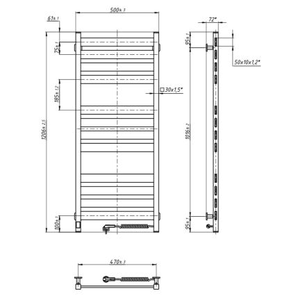 Сушилник за кърпи за баня с термостат LARGO 541W/230V 120,6 cm IP44 черен десен правоъгълен