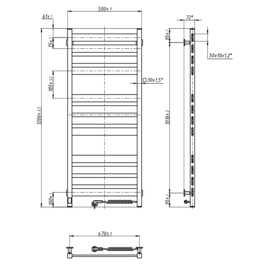 Сушилник за кърпи за баня с термостат LARGO 541W/230V 120,6 cm IP44 черен десен правоъгълен
