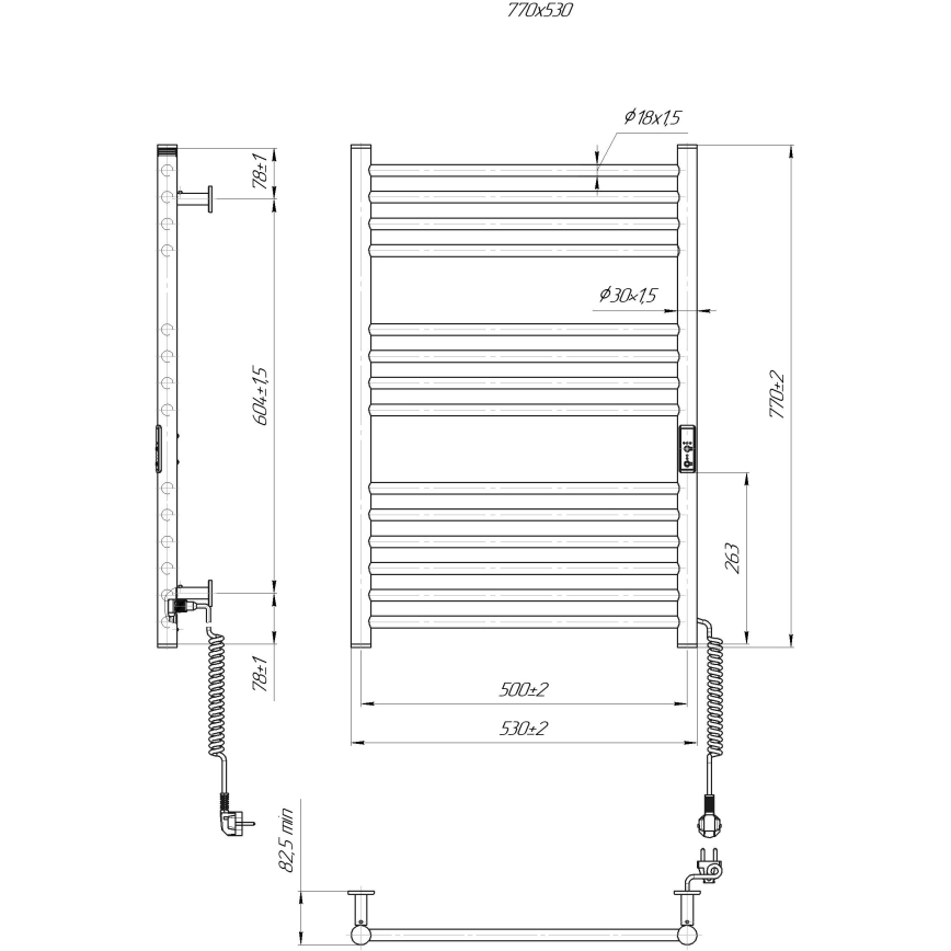 Банен стълбовиден радиатор HF GREENWICH 170W/230V 77x53 cm черен, десен, кръгъл