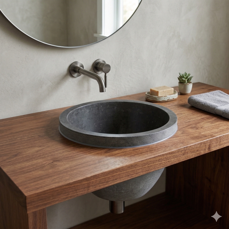 Bathco 00374 - Вградена мивка за плот MIRAGE Ø 40 см, цвят камък/сив