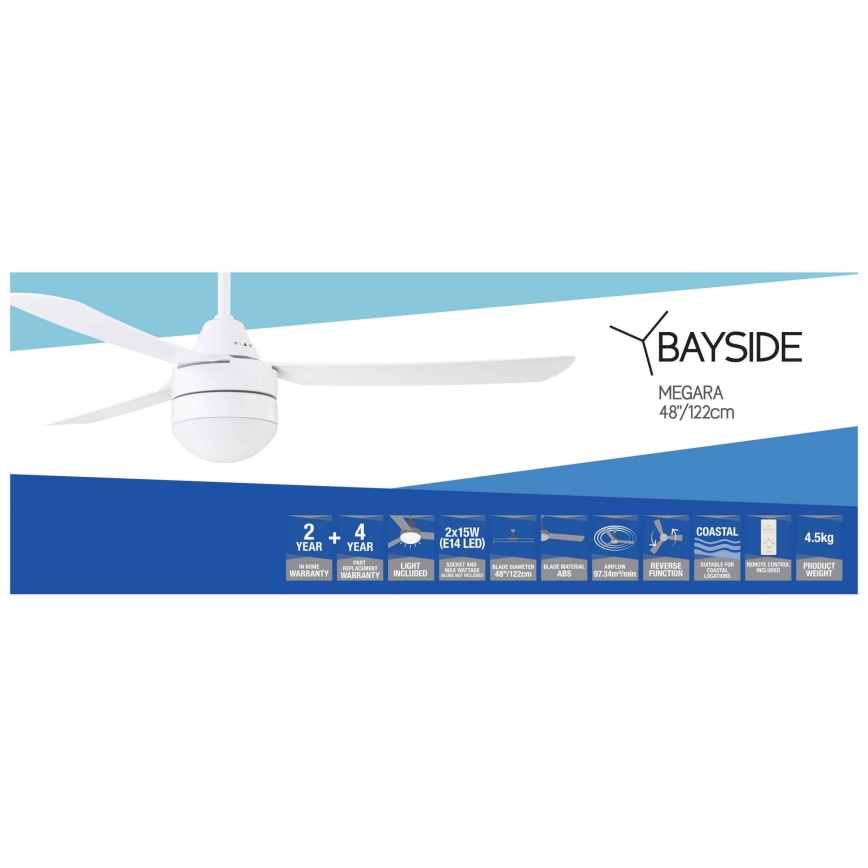 BAYSIDE 531016 - Вентилатор за таван MEGARA 2xE14/15W/230V бял + дистанционно управление