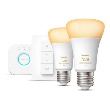 Начален комплект Philips Hue WHITE AMBIANCE 2xE27/8W/230V + Hue Bridge и димер превключвател