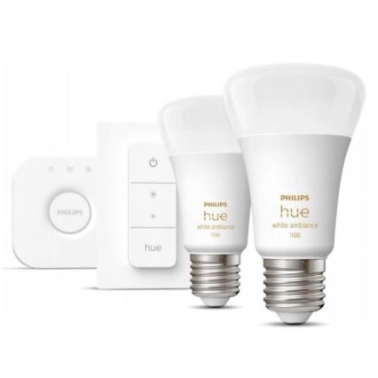 Начален комплект Philips Hue WHITE AMBIANCE 2xE27/8W/230V + Hue Bridge и димер превключвател