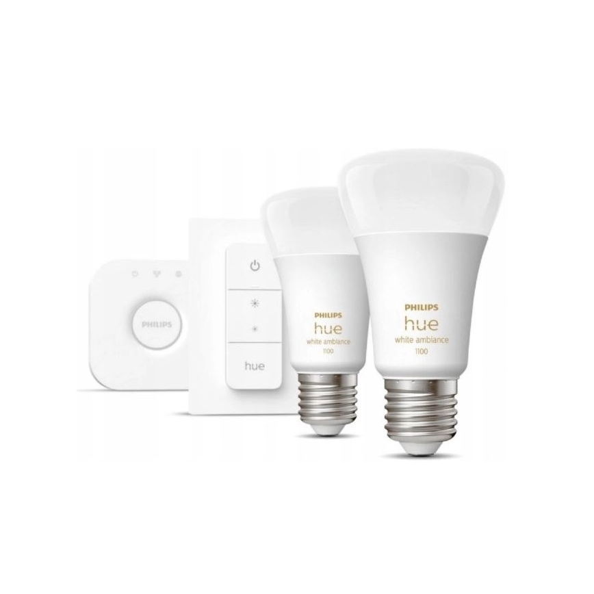 Начален комплект Philips Hue WHITE AMBIANCE 2xE27/8W/230V + Hue Bridge и димер превключвател