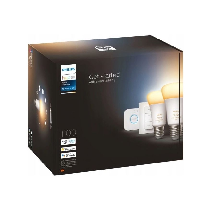 Начален комплект Philips Hue WHITE AMBIANCE 2xE27/8W/230V + Hue Bridge и димер превключвател